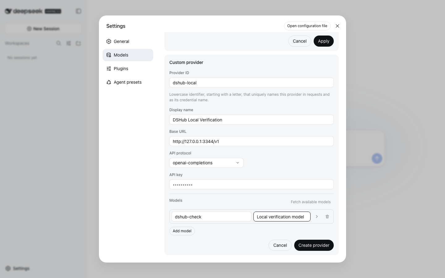Safe local custom model entry with a masked API key
