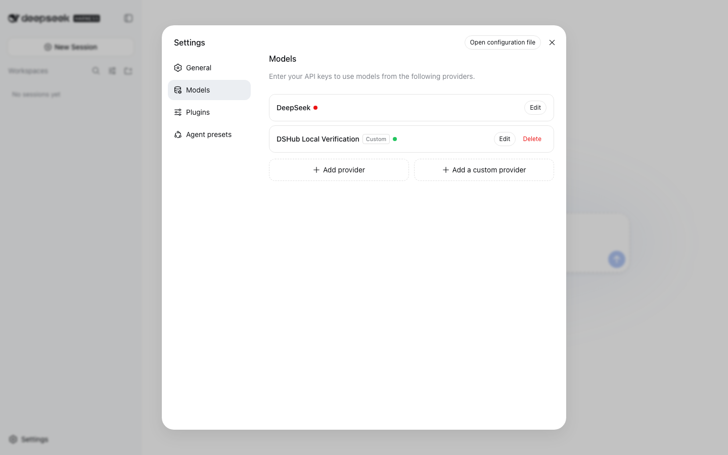 Saved local verification provider in DeepSeek Harness Models settings