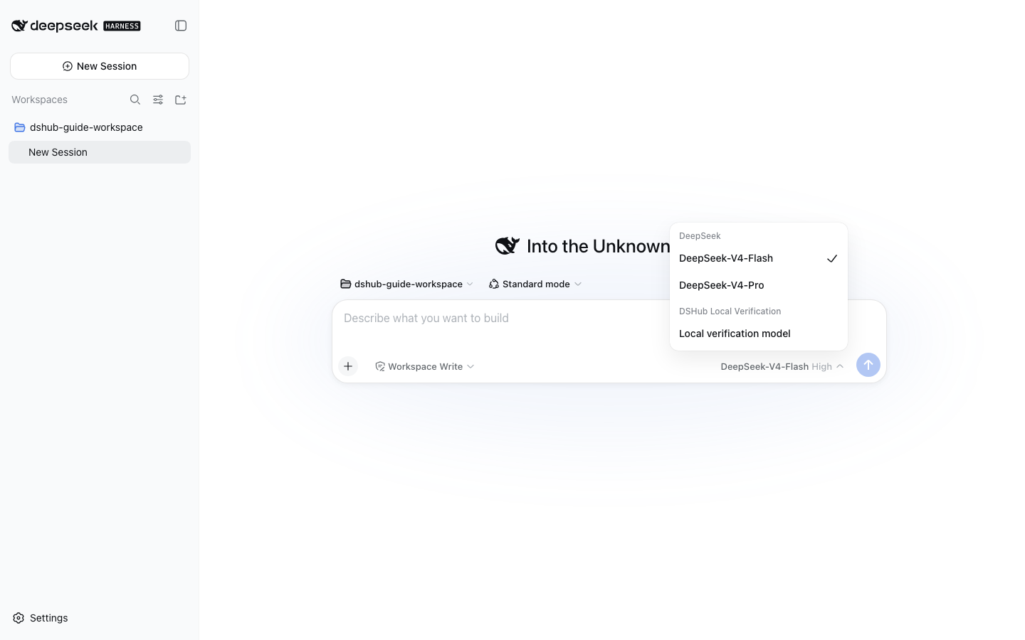 DeepSeek Harness model selector showing official choices and a local verification model