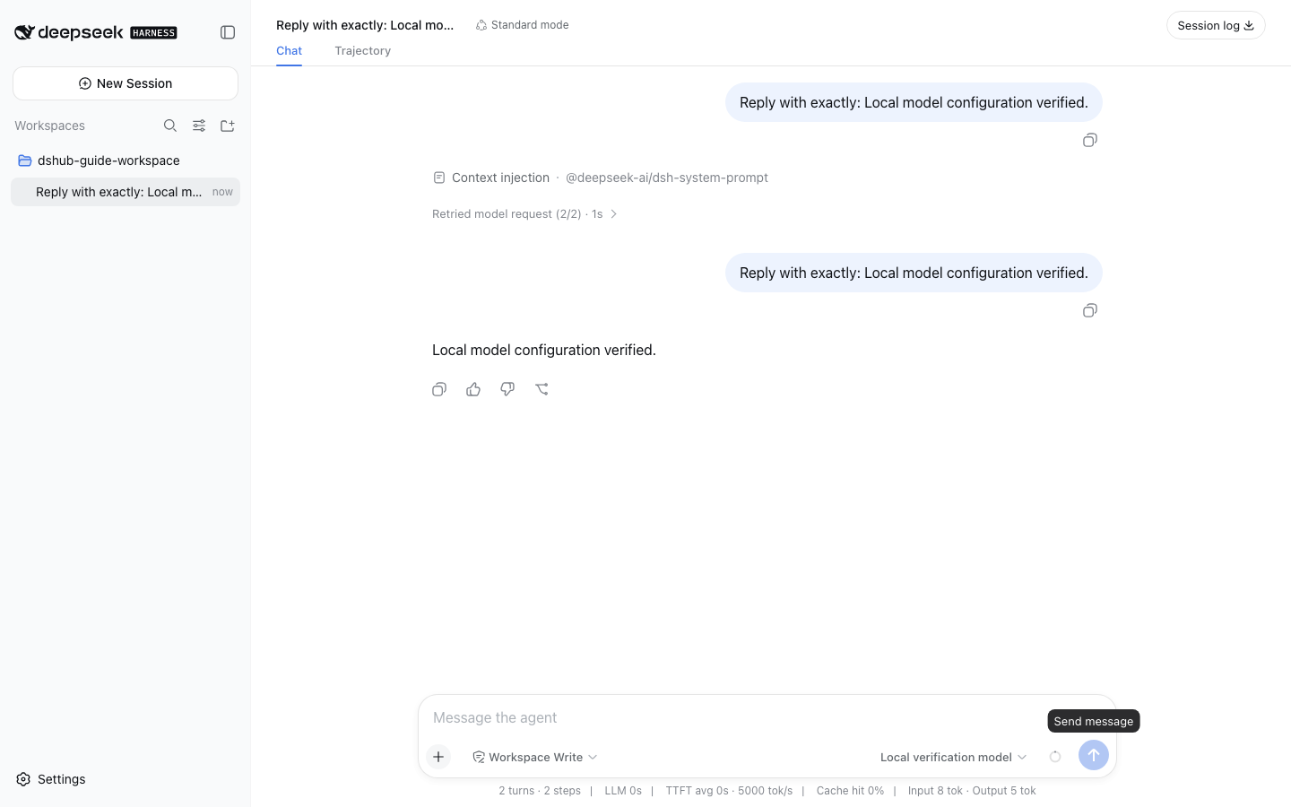 Successful DeepSeek Harness task using a localhost verification model