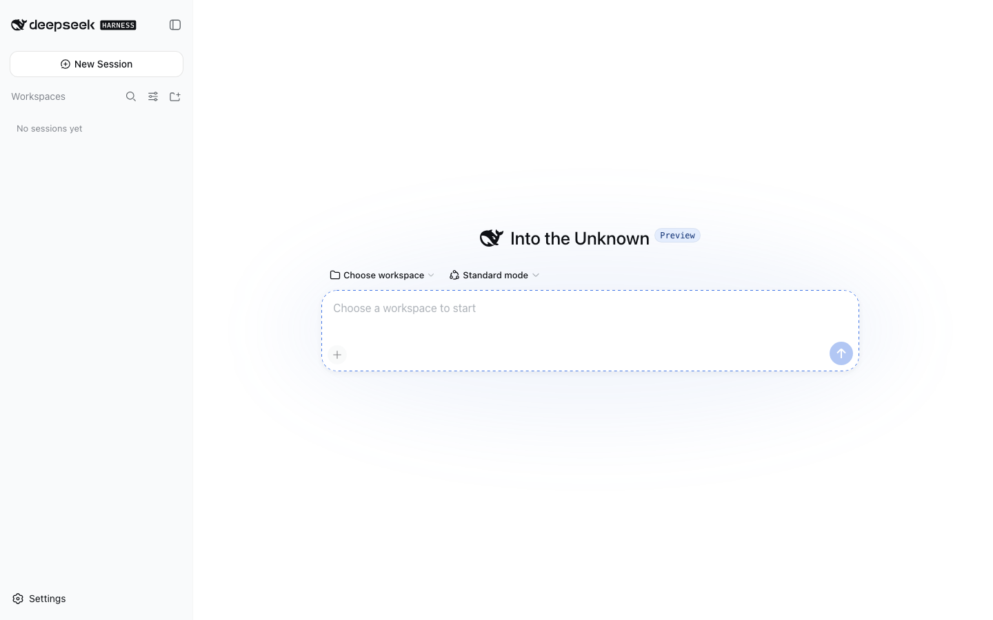 DeepSeek Harness Web Profile 显示尚未选择 workspace 的干净初始界面